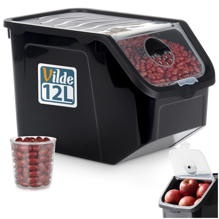 Set Recipient Pentru Legume Si Fructe Cu Masura, Vilde, 12 L, 34x23x23 cm, Sticla, Ventilatie Reglabila, Rezistent La Temperaturi De La -20°C La 100°C, Fara Bpa, Negru