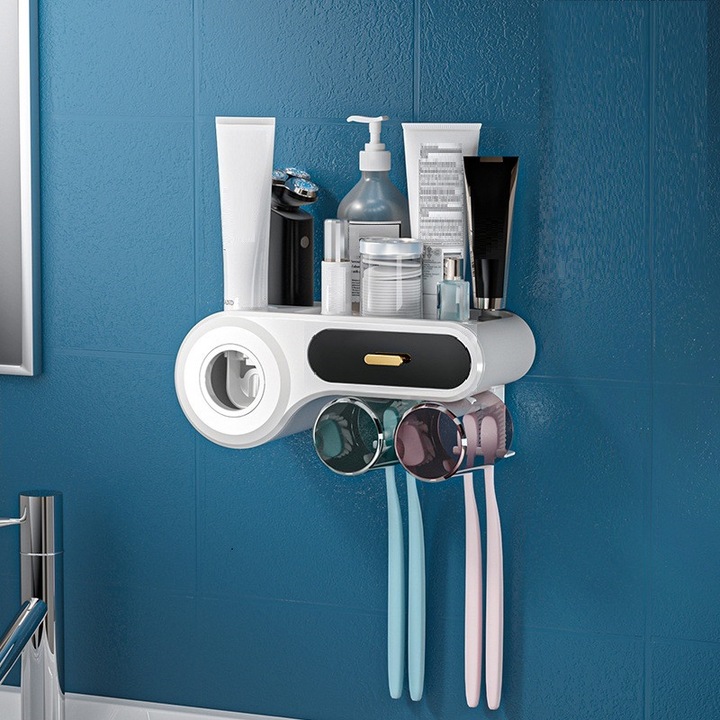 Suport Periute de Dinti cu Pompa de Pasta - Set pentru 2 Persoane, Alb/Ner, 27x12x13cm, Include 2 Pahare, Fara Gaurire