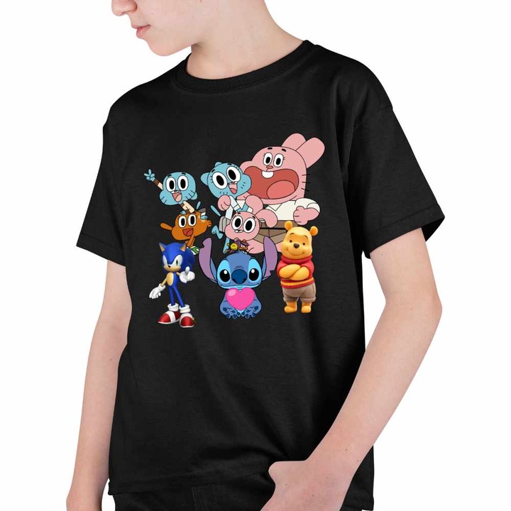 Tricou Copii Baieti Gumball Stitch Sonic Winnie, Fekete
