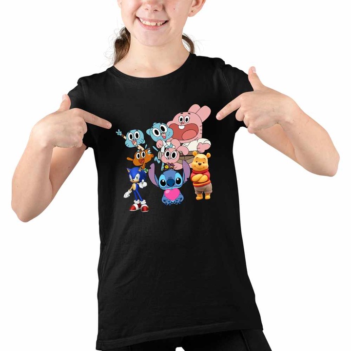 Tricou Copii Fete Gumball Stitch Sonic Winnie, Fekete