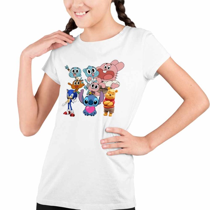 Tricou Copii Fete Gumball Stitch Sonic Winnie, Fehér