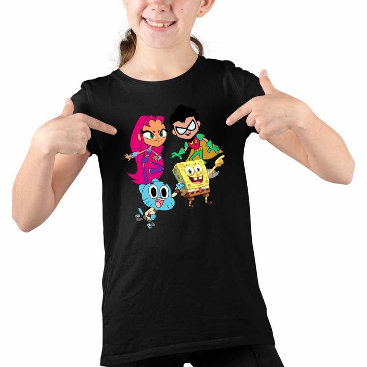 Tricou Copii Fete Tineri Titani Gumball SpongeBob Robin Starfire, Fekete