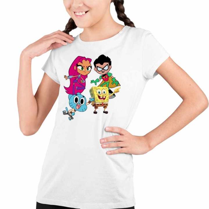 Tricou Copii Fete Tineri Titani Gumball SpongeBob Robin Starfire, Fehér