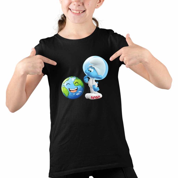 Tricou Copii Fete Strumfii Astronautul Spatiu, Fekete