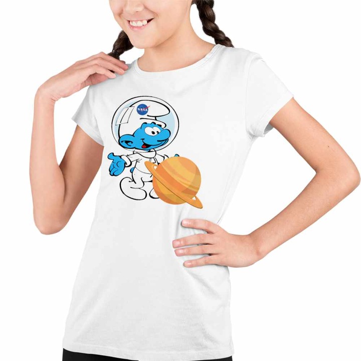 Tricou Copii Fete Strumfii Astronaut Saturn Nasa, Fehér