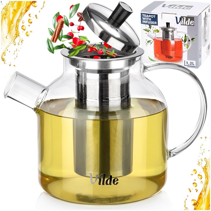 Cana Cu Infuzor, Vilde, 1.2 L, 20x13x16.5 cm, Sticla, Infuzor Din Otel Inoxidabil, Rezistent La Temperaturi De La -20°C La 150°C, Infuzor Detasabil Cu Sita Fina, Incolor