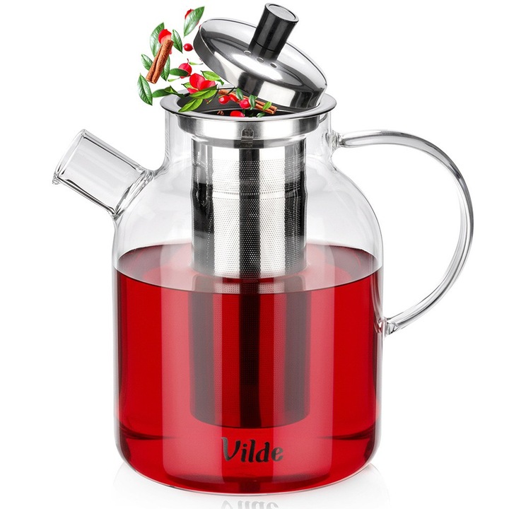 Ceainic cu infuzor Vilde, sticla borosilicata, 1,5 l, 20x13x20 cm, inox