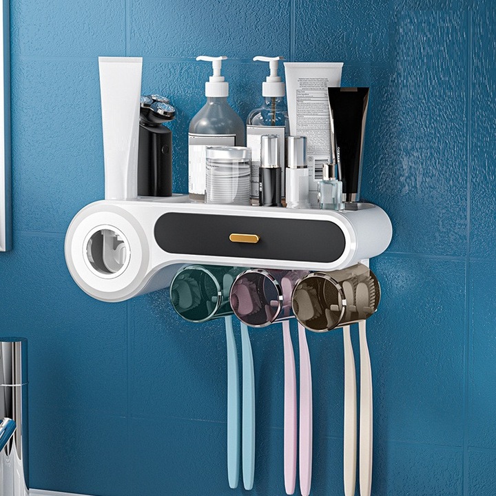 Suport de Perete pentru Periute de Dinti - Set Organizare Baie cu 3 cupe colorate, ABS/silicon, 34x12x19cm