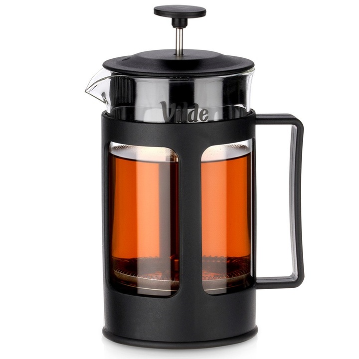 Ceainic cu piston Vilde, 600 ml, sticla borosilicata, negru mat, 13x9,5x18 cm