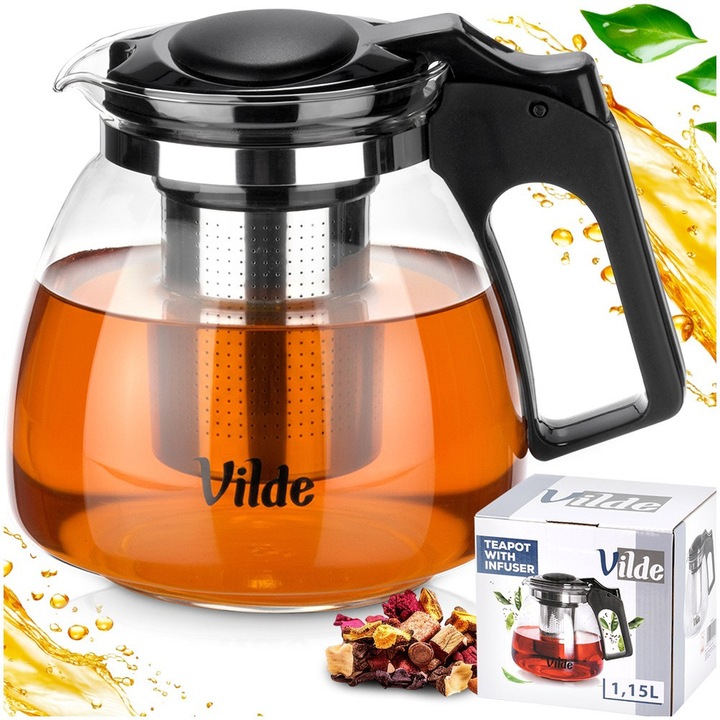 Cana Cu Infuzor, Vilde, 1.15 L, 18x13x14 cm, Sticla, Infuzor Din Otel Inoxidabil, Maner Si Capac Confortabile, Utilizare Universala, Transparenta