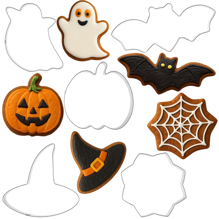 6 darabos Halloween süteményforma készlet, Orion, rozsdamentes acélból készült, univerzális felhasználás, kreatív kivágási lehetőségek, mosogatógépben mosható, ezüst