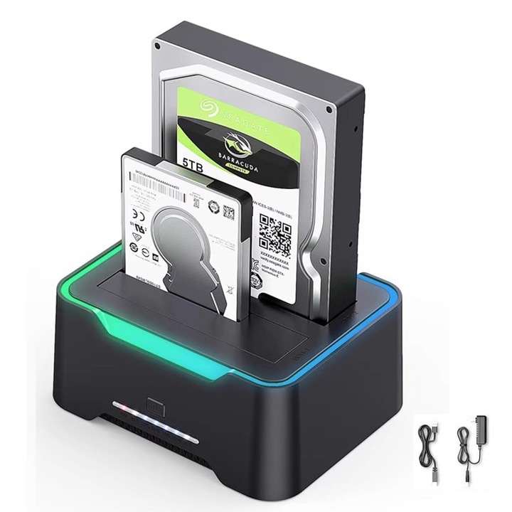 USB 3.0 merevlemez dokkolóállomás, 2x2.5 hüvelykes/3.5 hüvelykes merevlemez/SSD támogatás, klónozó funkció, akár 5Gbps, 2x20TB, fekete