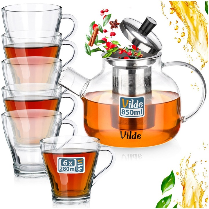 Set Ceainic Cu Infuzor Si 6 Cani, Vilde, Modern, 850 ml, Transparent/Argintiu, Sticla Borosilicata Si Inox, Ibric Sticla Cu Filtru Fin Detasabil Pentru Ceai Plante, Rezistent La Caldura, Cani Cu Toarta 250ml, Design Elegant, Set Cadou