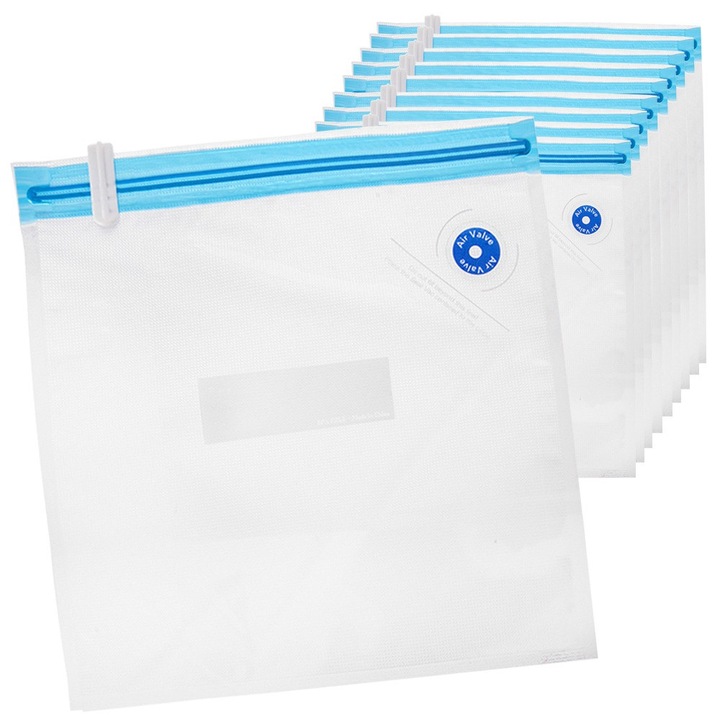 Set 10 pungi vacuum 22x21 cm Orion, cu fermoar si supapa, reutilizabile, pentru pastrarea alimentelor