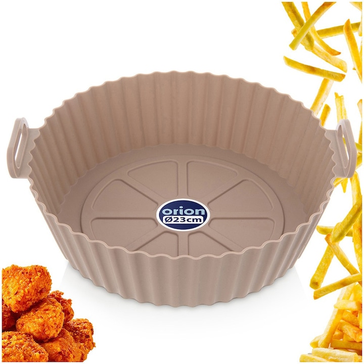 Insertie Pentru Friteuza Air Fryer, Orion, 23x8 cm, Inel Reutilizabil Pentru Friteuza De Forma Rotunda Cu Manere, Fabricat Din Silicon, Rezistent La Temperaturi Intre -20°C Si 230°C, Dotat Cu Doua Manere Pentru Transport Usor, Bej