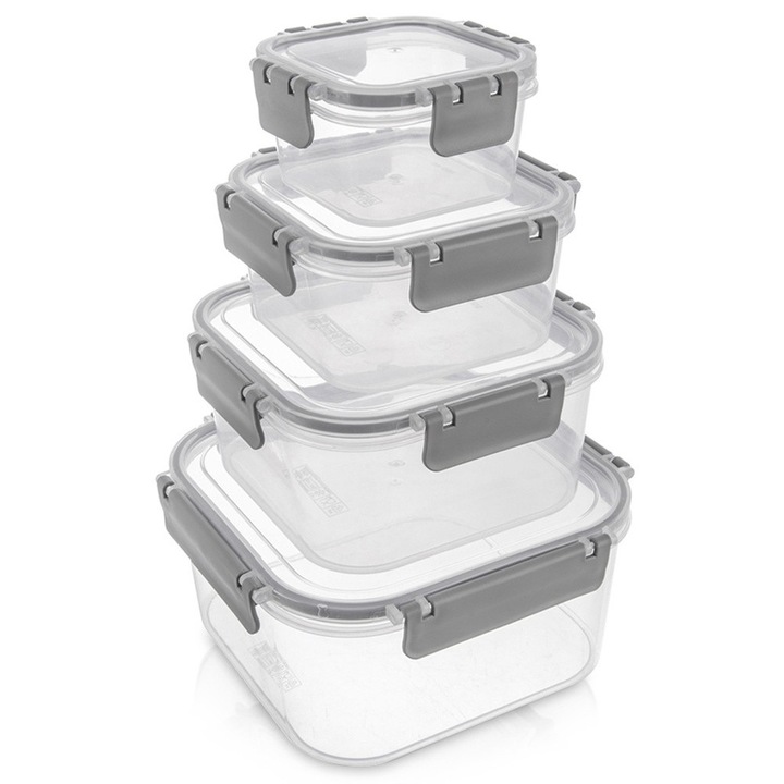 Set 4 cutii alimentare Artemis, transparente, 400ml-2,9l, cu capac etans si garnitura