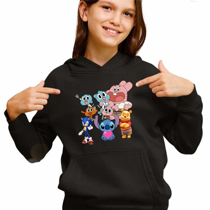 Hanorac Copii Fete Gumball Stitch Sonic Winnie, Negru