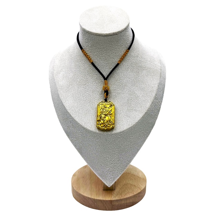 Réz sárkány amulett nyaklánc, JOVYNEX, arany bevonat, fekete zsinór, texturált részletek