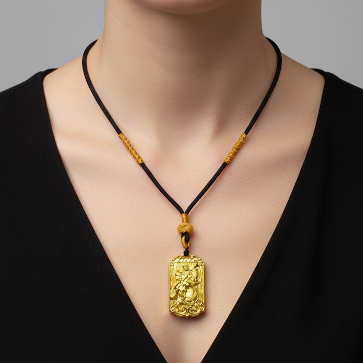 Colier cu amuleta dragon din cupru, JOVYNEX, finisaj auriu, cord negru, detalii texturate