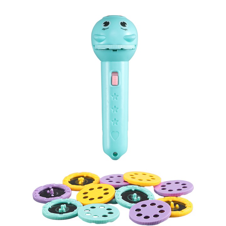 Gyermek zseblámpa projektor, SuooTci, 6 dia, 48 kép gyümölcsökkel, járművekkel, állatokkal, rovarokkal, dinoszauruszokkal, tengeri élőlényekkel stb., könnyen megfogható, kék