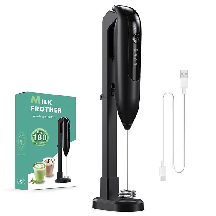 Aparat electric de lapte, doua viteze, Golxmse, cap din inox detasabil, negru, 25x4x3.6cm