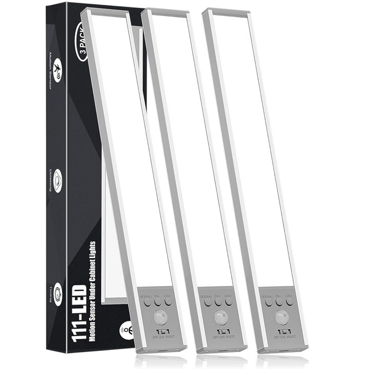 Set de 3 lumini LED cu senzor de corp uman, Golxmse, temporizator, 3 setari de viteza, 111 LED-uri, design fara fir, potrivit pentru bai, holuri, scari etc., portabil si usor de utilizat, 30cm, temperatura tricolora