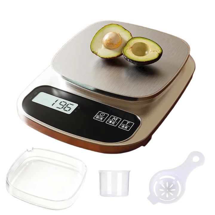 Golxmse konyhai mérleg, 3 kg, 0.1 g, tojásfehérje szeparátor, 300 ml-es tálca, mérőpohár, LCD kijelző, elemmel, ezüst