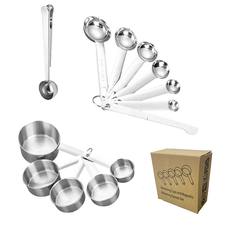 Set de 13 linguri si cani de masurare, Golxmse, cu marcaje gradate, mecanism de blocare activ, maner rotund, clema pentru lingura de cafea, otel inoxidabil, argintiu