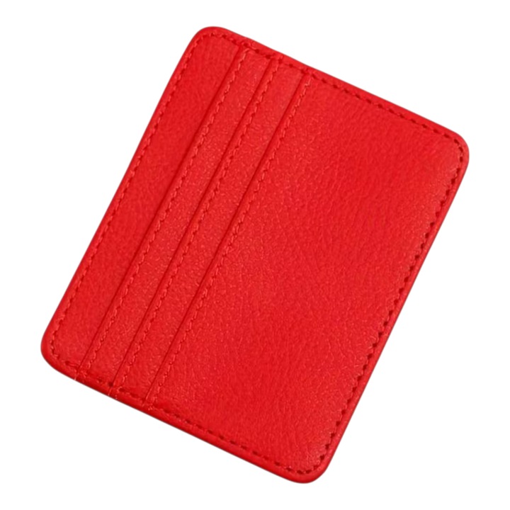 Portcard din Piele Ecologica, ultra subtire 0.3 mm, culoarea rosu, 4 sloturi, dimensiuni reduse 10 x 8, design minimalist, Rosu