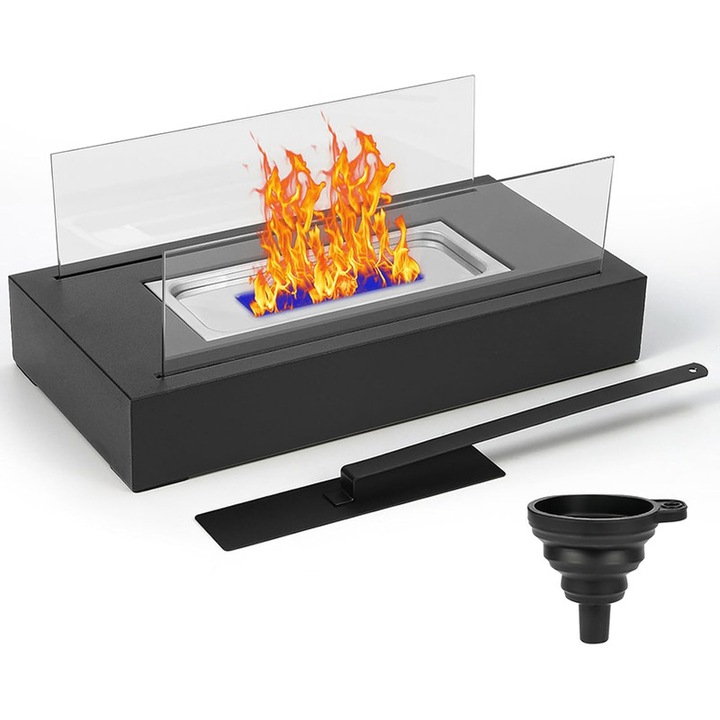 Semineu bioetanol, Rqiurpn, modern, negru, set cu stingator, pentru interior si exterior