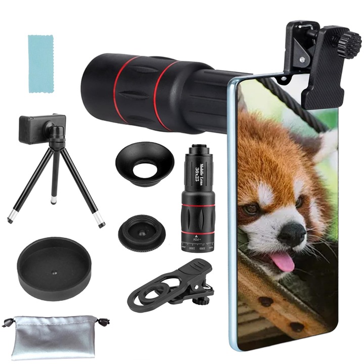 Obiectiv telefon, 7 in 1, Zoom 36X, claritate ridicata, universal, cu suport pentru telefon, portabil, pentru telefon, geanta de depozitare inclusa, OUYLAF, negru