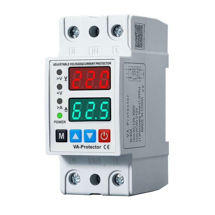 Releu de protectie tensiune, 63A, 220V, reglabil, Monofazat, Afisaj LED, Protectie Supratensiune si suprasarcina, Monitorizare tensiune, pentru casa, hotel, OUYLAF, alb