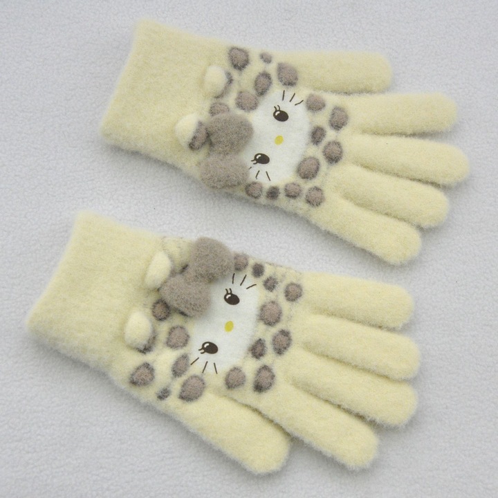 Manusi copii, model pisicuta, captusite fleece, bej, marimea L, 22x13cm