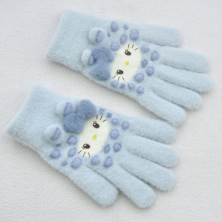 Manusi copii tricotate Jacquard, model pisicuta, captusite fleece, albastre, 22x13cm, L