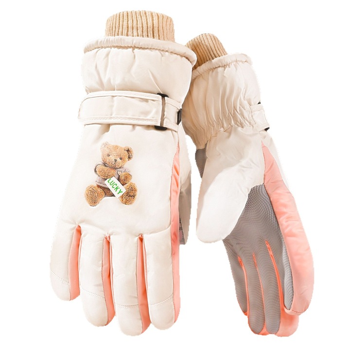 Manusi sport, manusi de schi cu ursulet, bej, touch screen, o singura marime