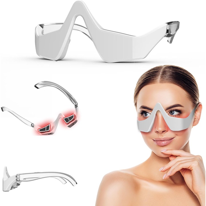 Aparat masaj ochi, cu microcurent si lumina rosie, masaj 3D, Design ergonomic, pentru fata, reducere cearcane si riduri, Reincarcabila, OUYLAF, alb