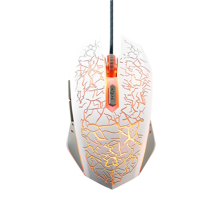 Mouse de gaming cu fir iluminat, model cu textura crapata, senzor optic, cablu impletit, ergonomic
