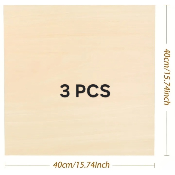 Set 3 x Placaje din Plop format 40x40 cm, grosime 3 mm, calitatea AB/BB, finisat cu granulatie 220