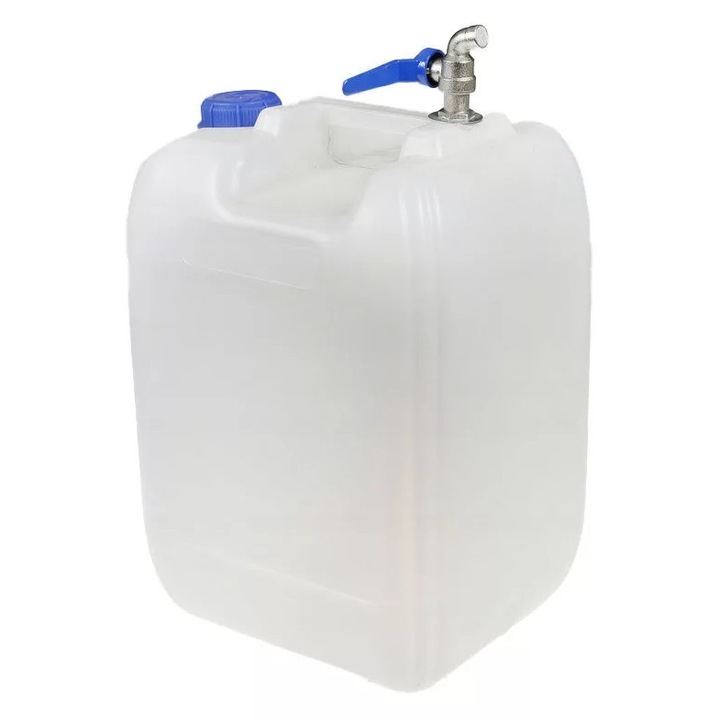 Műanyag vizes kanna, fém csappal - 20 l - fehér - fekvő