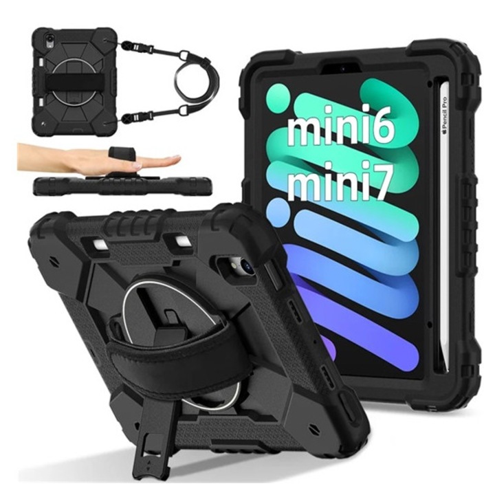 Gigapack defender műanyag tabletvédő, ütésállóság, kitámasztó, 360° + kézpánt, vállpánt, fekete, kompatibilis: Apple IPAD mini 6, 2021, / IPAD mini 7, 2024