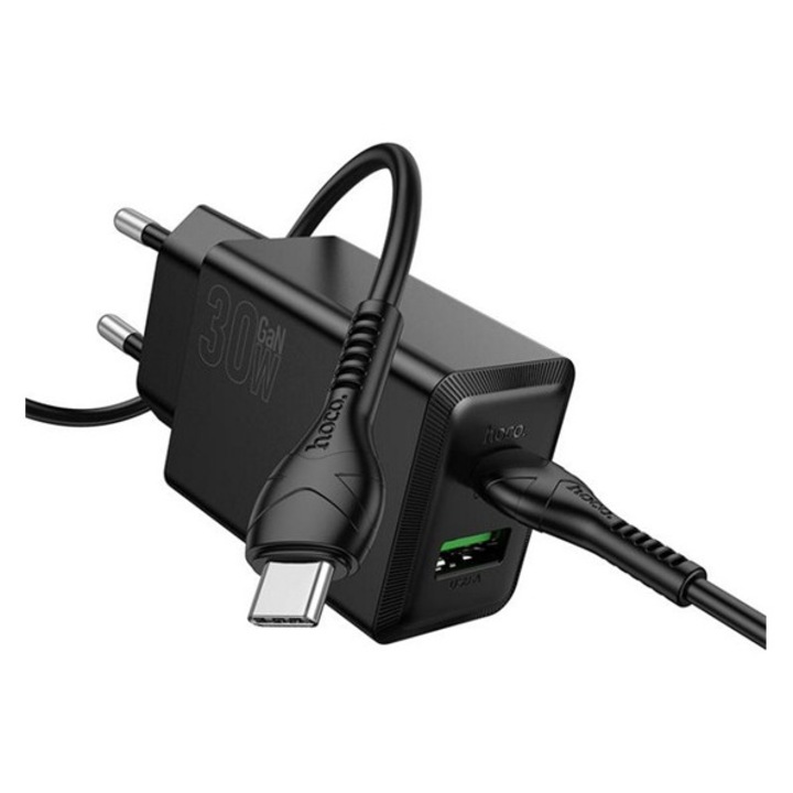 Hoco n71 hálózati töltő usb+type-c aljzat, 30w, pd gyorstöltő 3.0 + type-c kábel, fekete