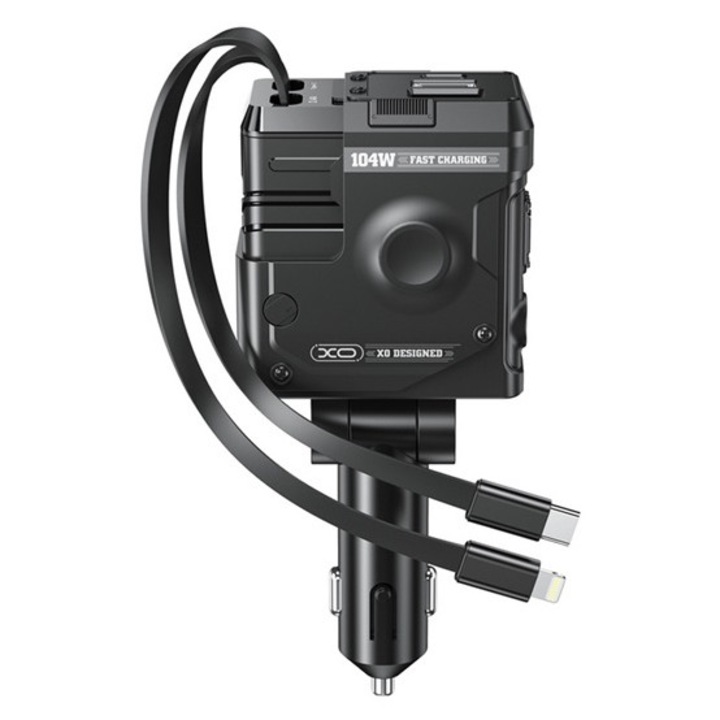 Xo cc66 autós töltő usb+type-c aljzat, 104w, pd gyorstöltő + fix type-c+lightning kábel, fekete