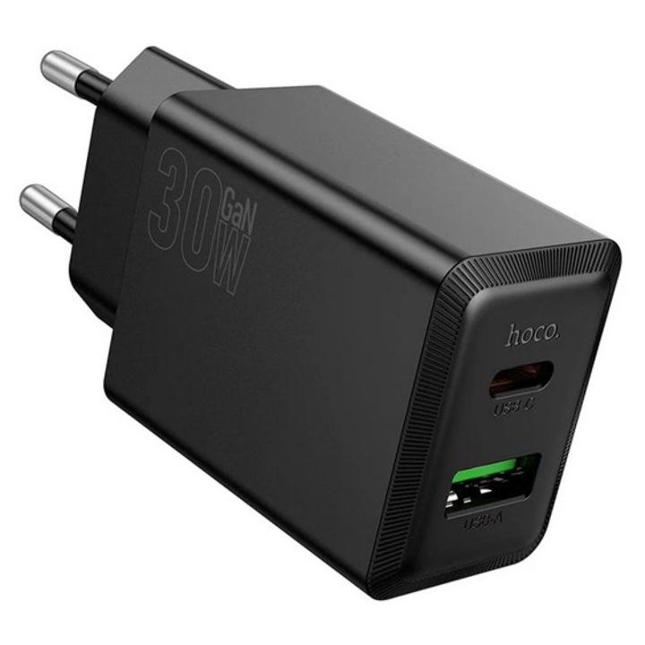 Hoco n71 hálózati töltő usb+type-c aljzat, 30w, pd gyorstöltő 3.0, fekete