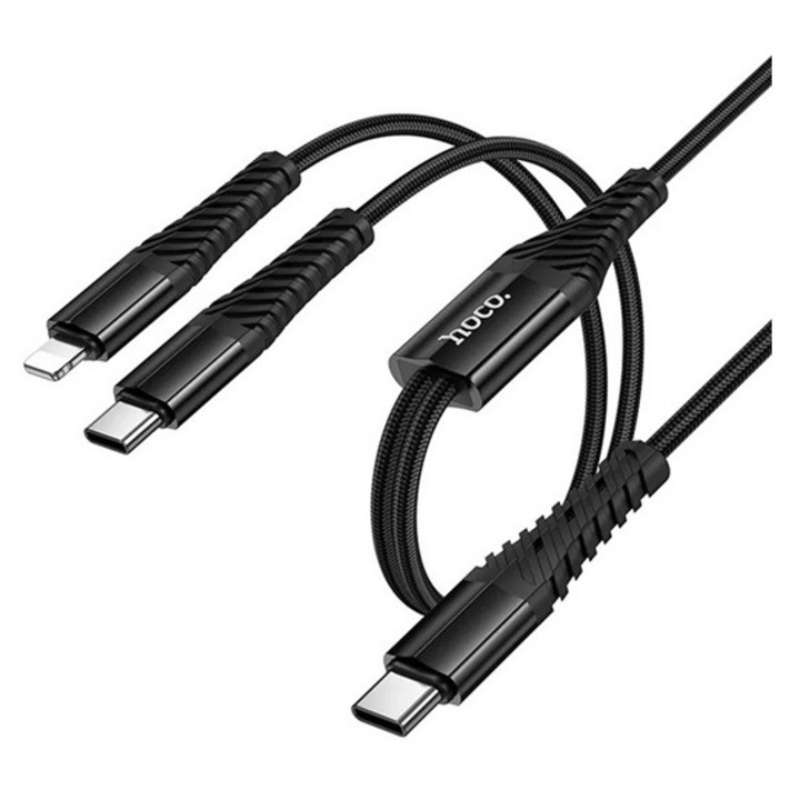 Hoco x123 töltőkábel 2in1, type-c - type-c/lightning, 5v/3a, 100cm, cipőfűző, fekete