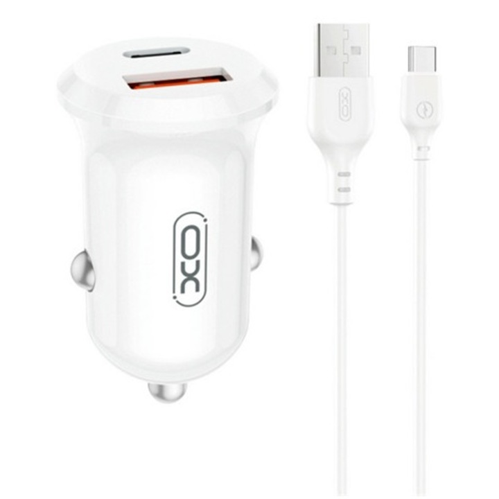 Xo cc69 autós töltő usb+type-c aljzat, 30w, pd gyorstöltő + type-c kábel, fehér