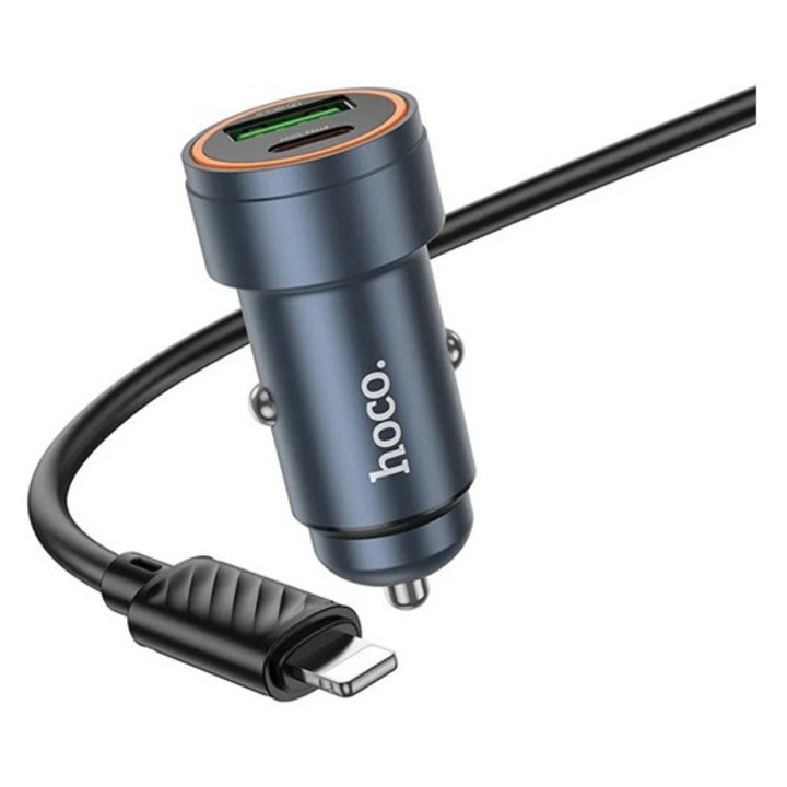 Hoco z57a autós töltő type-c+usb aljzat, 30w, pd gyorstöltő 3.0 + lightning kábel, fekete