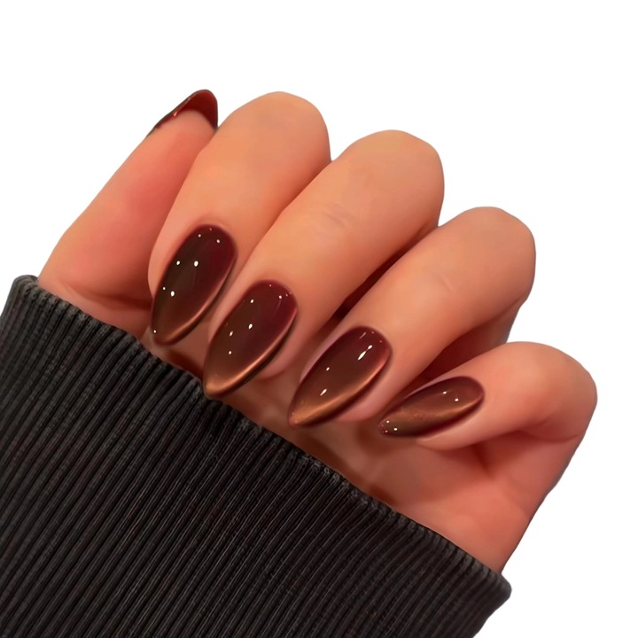 Unghii false, Gradient, Maro, 24 buc, Ochi de pisica, Aspect natural reutilizabil