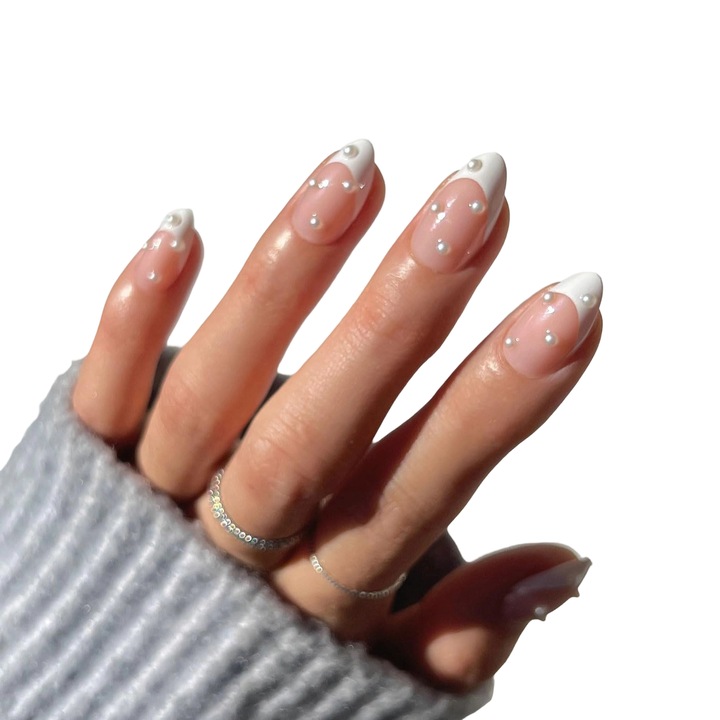 Set unghii false clasice, 24 buc, alb perlat, lucios, cu perle, reutilizabil, usor de aplicat