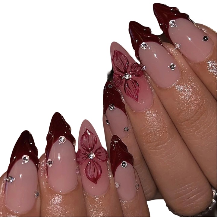 Set unghii false clasic, decor 3D, rosu, 24 buc, lucios, 20g