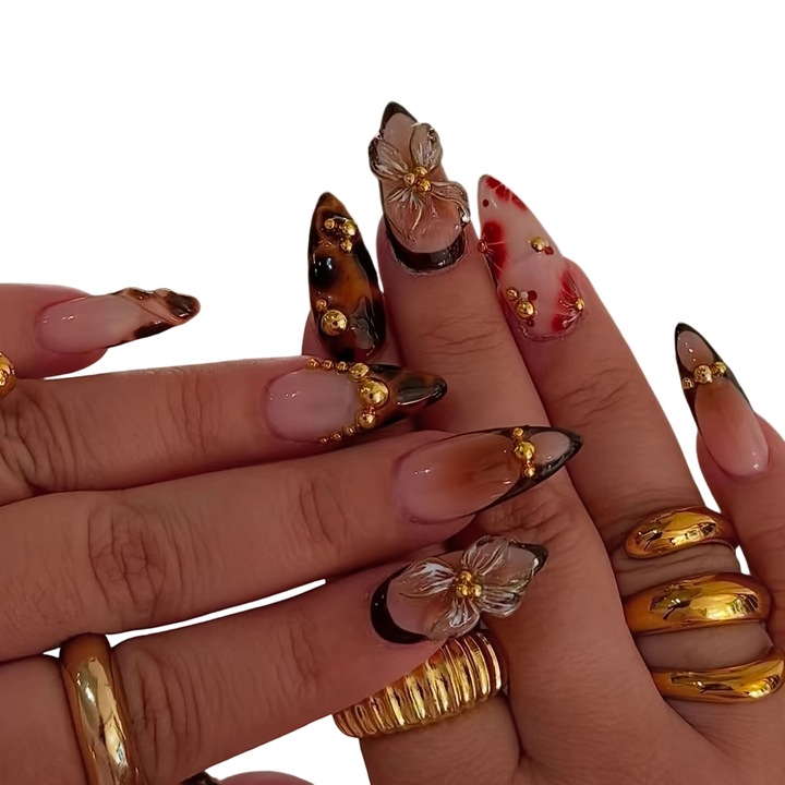 Set unghii false, floral, maro bronz, 24 bucati, aspect lucios, usor de utilizat